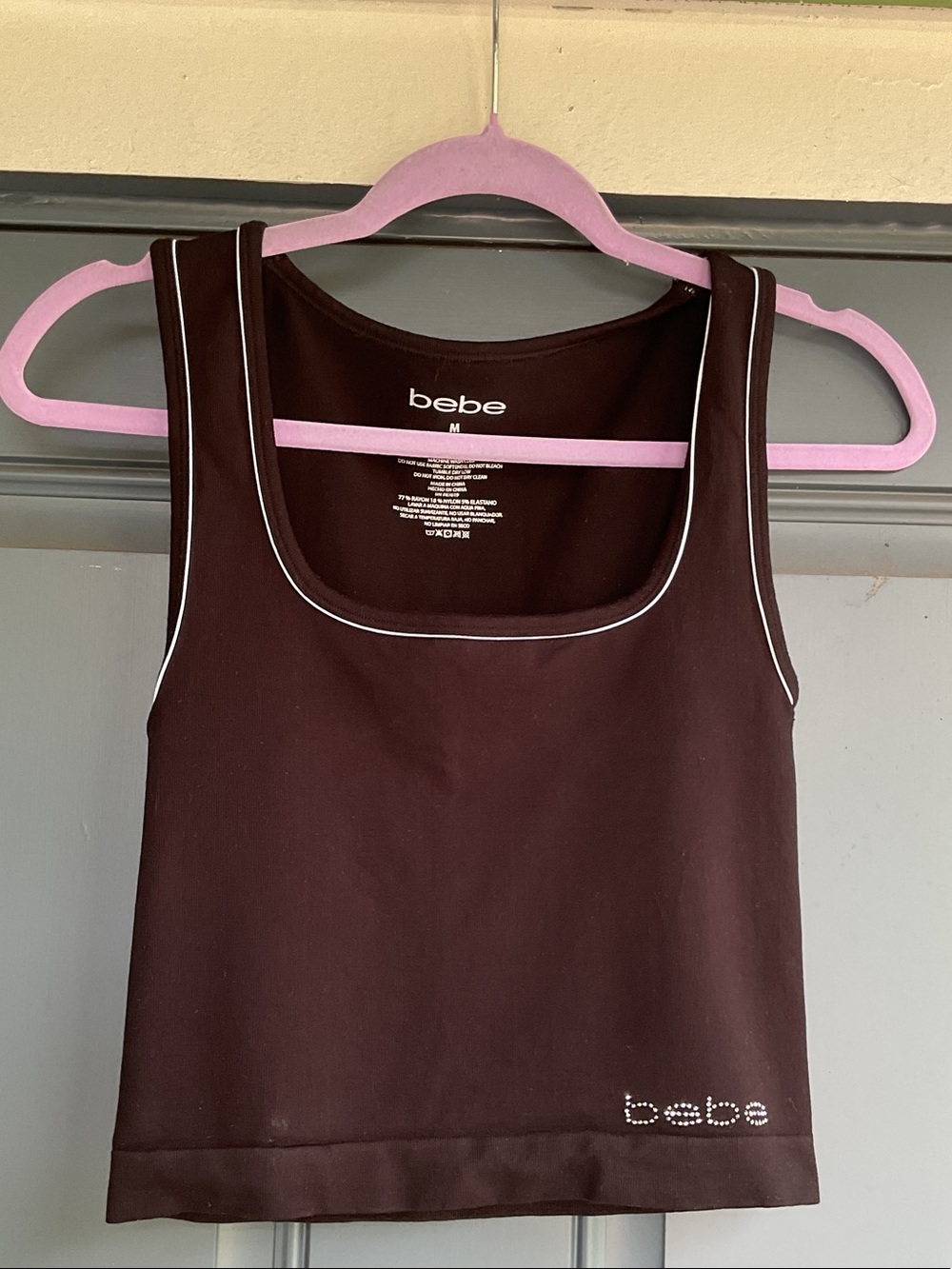 bebe Black Tank Top with Faux Rhinestone Logo, Size M